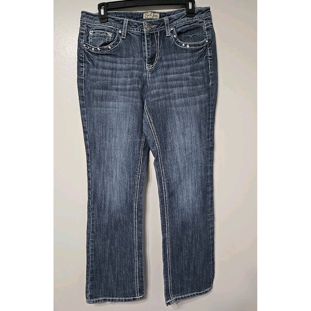 Earl Jean Womens Blue Bootcut Denim Jeans Size 8 Dark Wash Embellished Pockets